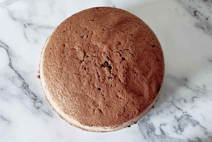 top view of chocolate sponge cake placed on marble background