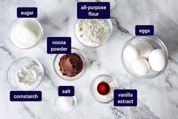 ingredients for chocolate sponge cake are placed on marble background in small glass bowls