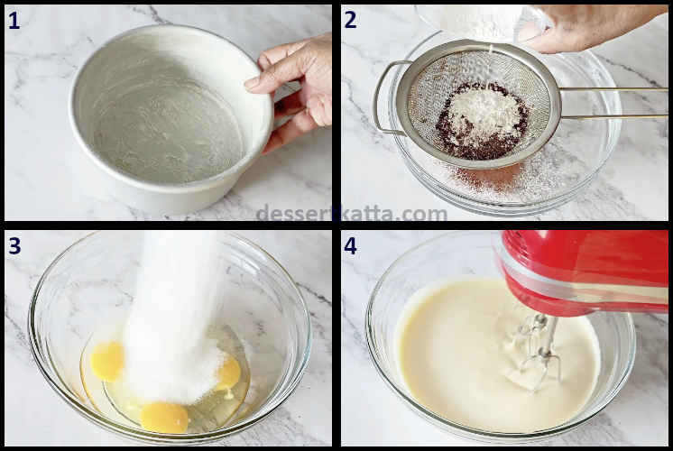 chocolate sponge step by step recipe showing preparing the pan, sifting dry ingredients and creaming sugar and eggs