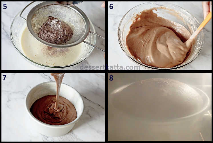 chocolate sponge step by step recipe showing combining dry and wet ingredients, pouring the batter in the pan and baking the cake